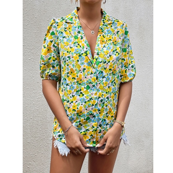 Floral Yellow Green Blue Button Down Puff Sleeve Shirt Lapel V-Neck - Picture 5 of 8